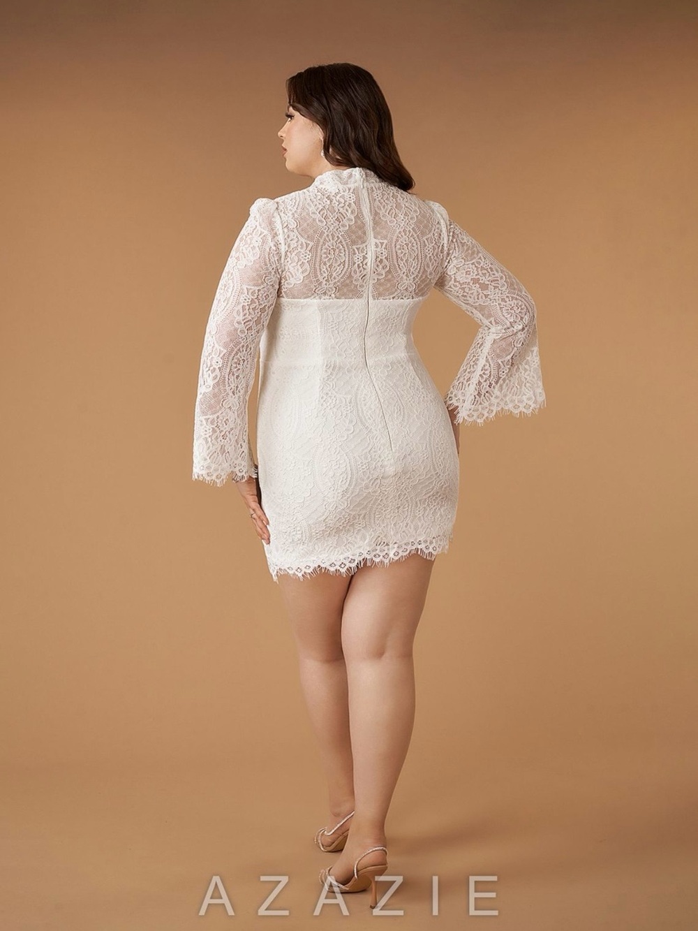 Azazie White Lace High-Neck Mini Dress with Bell Sleeves - Picture 3 of 4